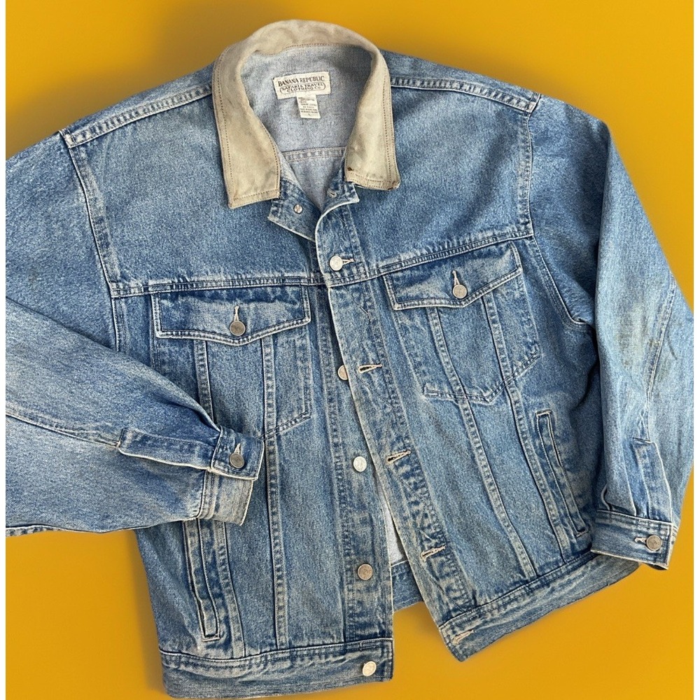 Vintage Banana Republic Jean Jacket Mens L Safari Travel 90s Denim Leather Trim